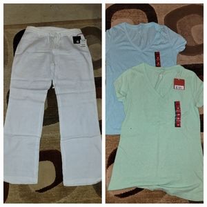 Size 8 Cynthia Rowley linen pants & (2) medium Mossimo t-shirt bundle